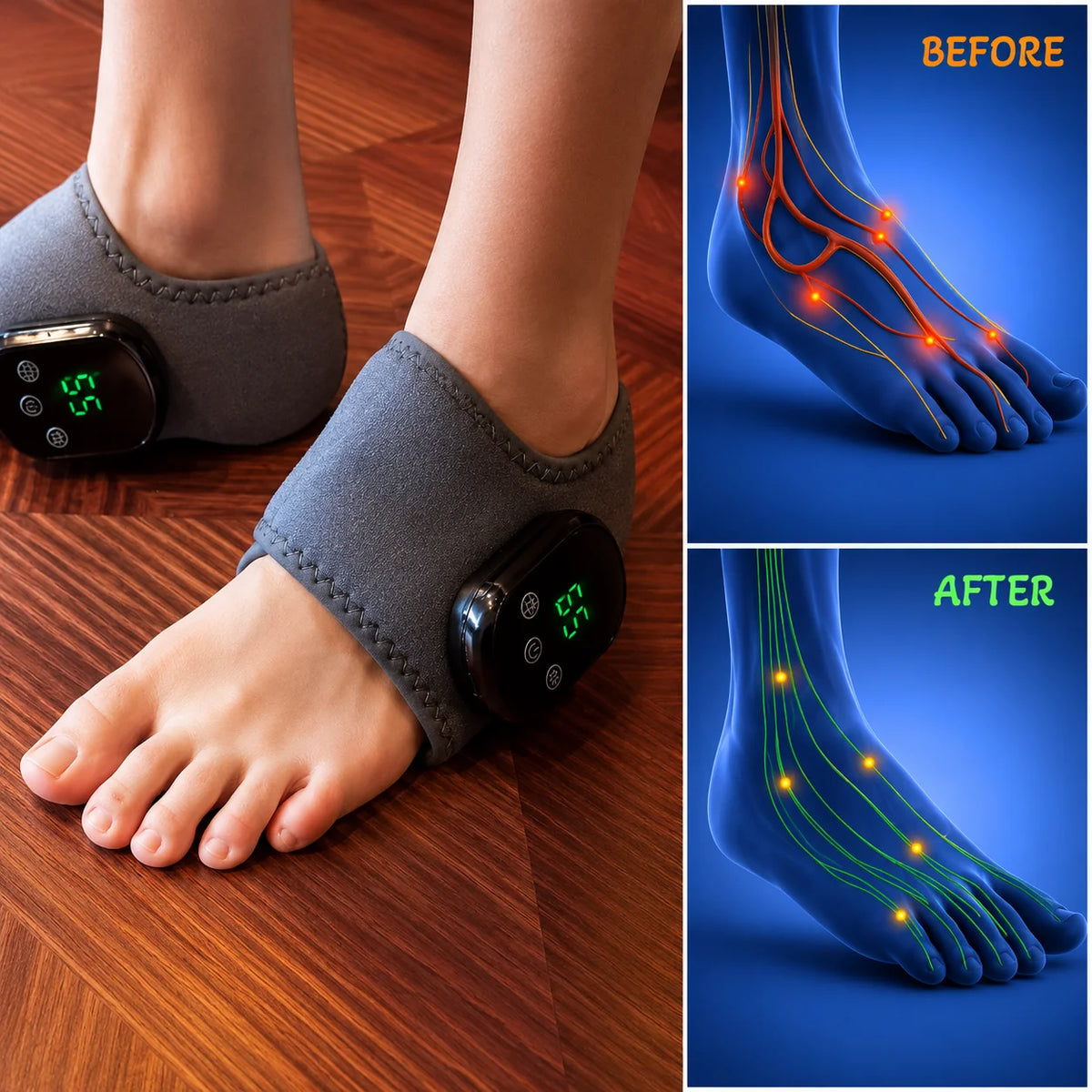 Grey foot and ankle massagers fitted around the ankles