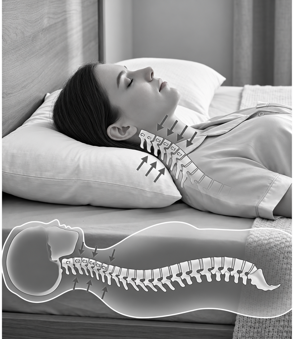 Side view of a woman resting on a conventional pillow, showing its shape beneath her head and neck.